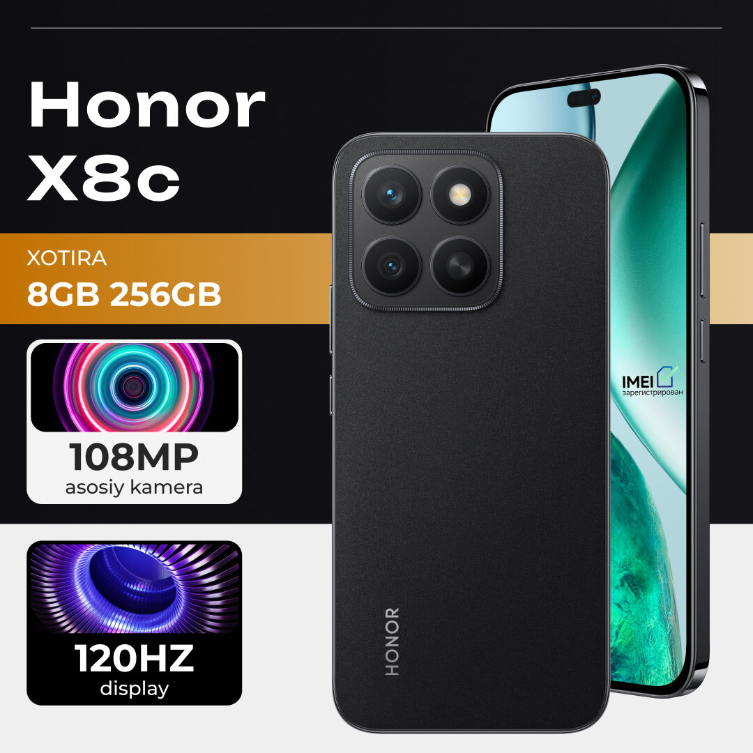 HONOR Honor X8C smartfoni, AMOLED 120Hz, 108+50 MP kamera, 5000 mA/soat, 8\128GB, namlikdan himoya, Black