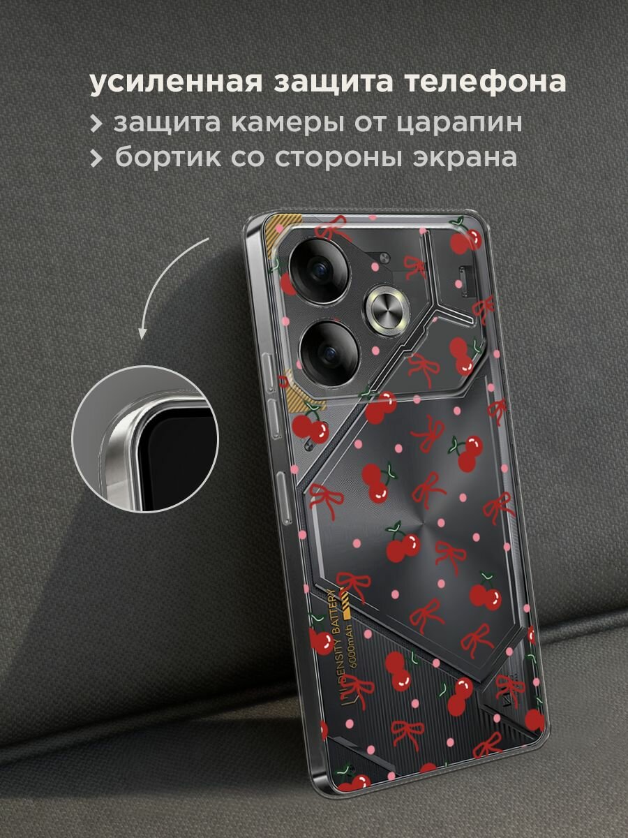 Чехол на Tecno Pova 6 / Текно Пова 6 с принтом "Вишни и ленточки", прозрачный — фото 1