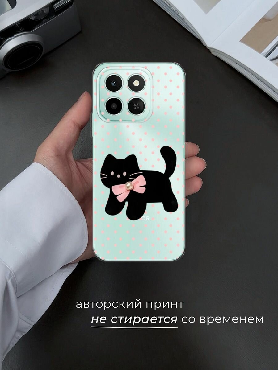 Чехол на Honor X6c / Хонор X6c с принтом Черный котик с бантом, прозрачный — фото 1