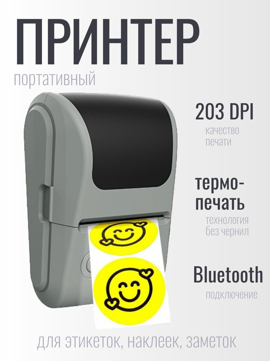 Принтер для термопечати этикеток и заметок / Мини принтер для печати штрих-кодов и QR-кодов серый