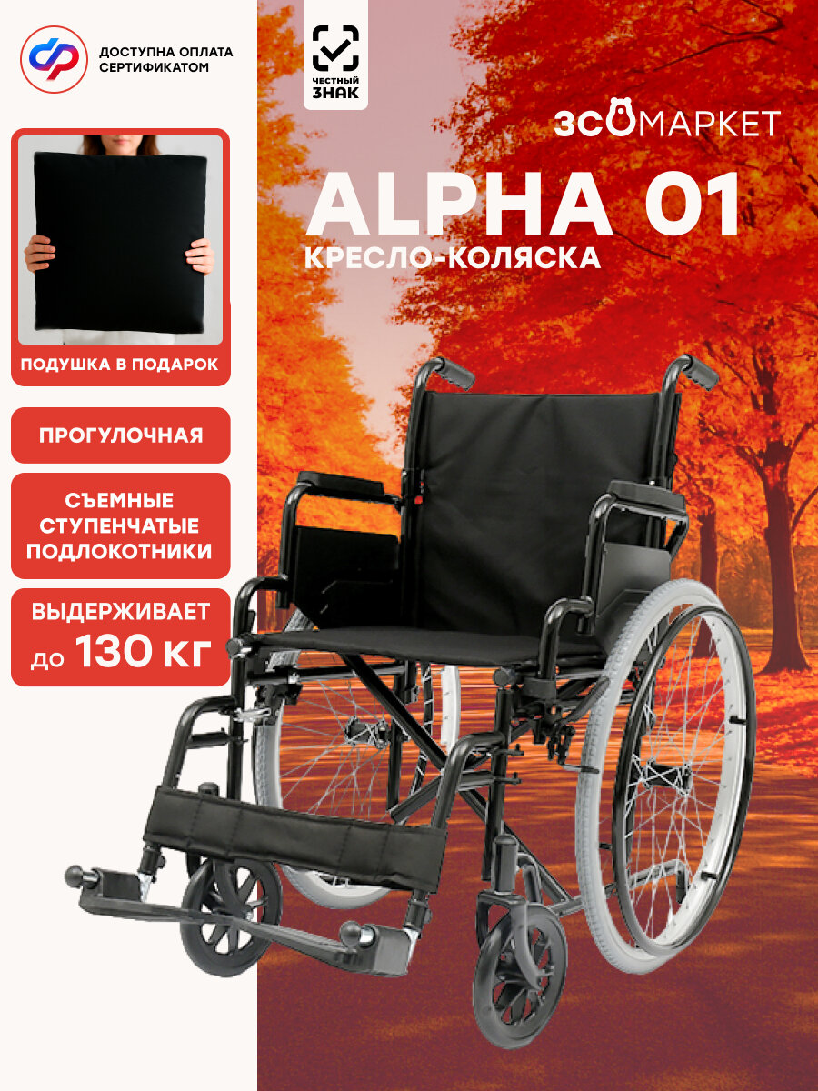 Кресло-коляска инвалидное Alpha 01 (43см, пневмоколеса), для взрослых, складное, прогулочное, вес 17 кг, нагрузка до 130 кг
