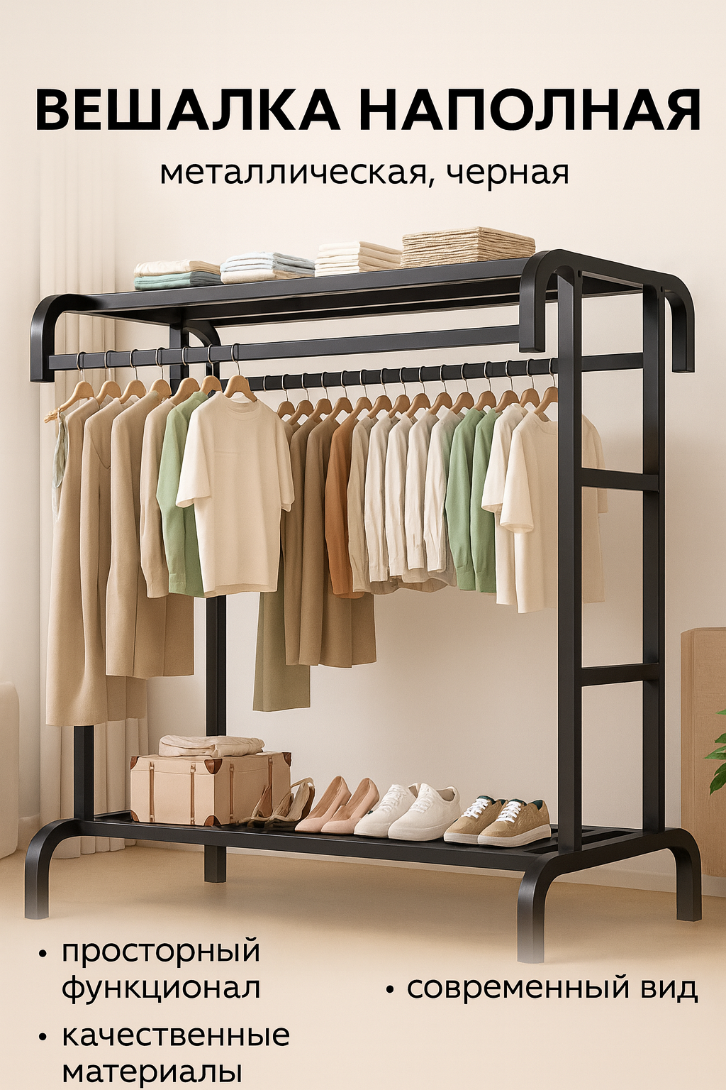 Вешалка напольная для одежды металлическая, чёрная, с полкой для обуви.