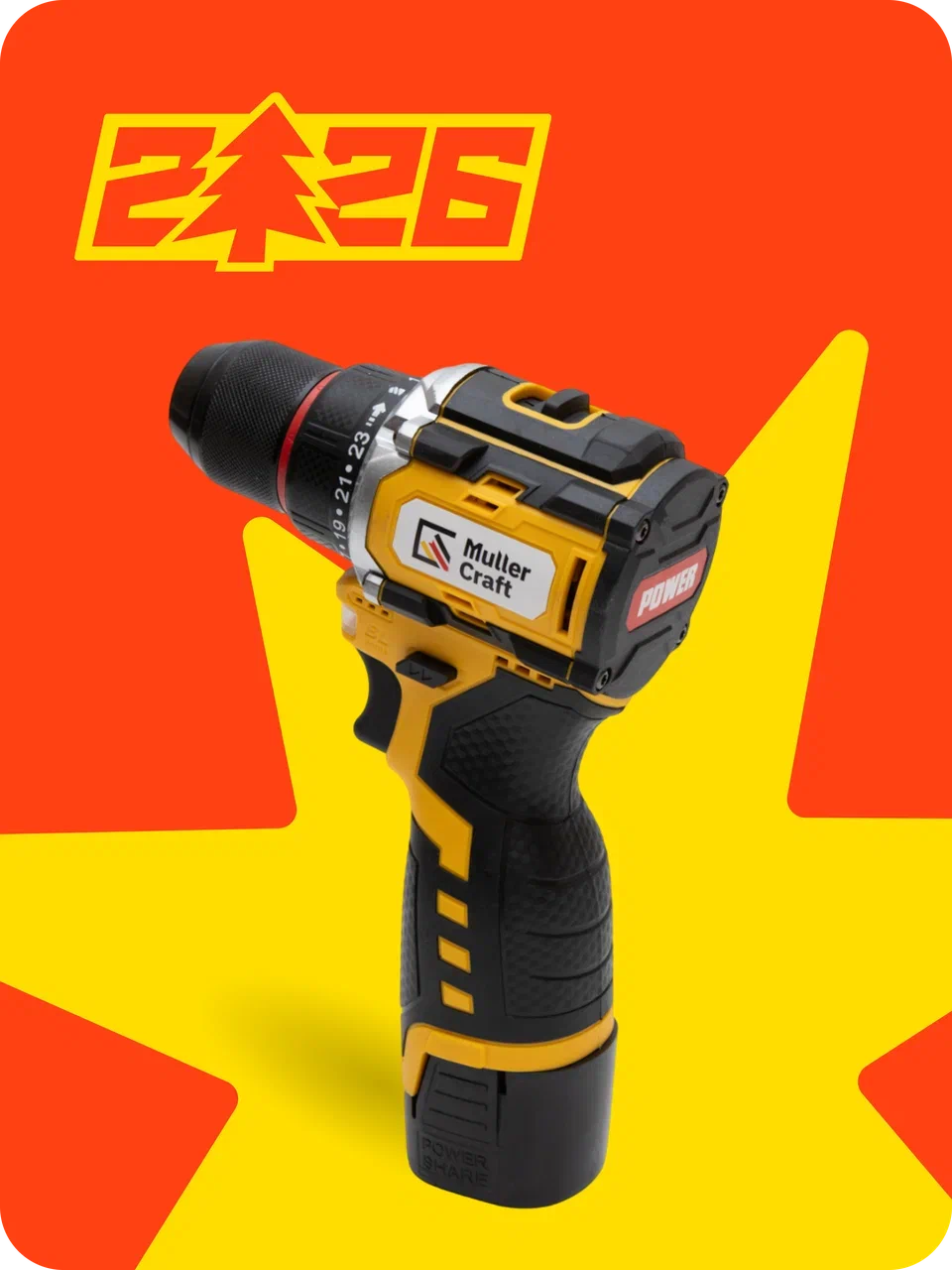 Аккумуляторная дрель-шуруповерт Muller Craft, бесщеточная 21B, набор из 124 предметов