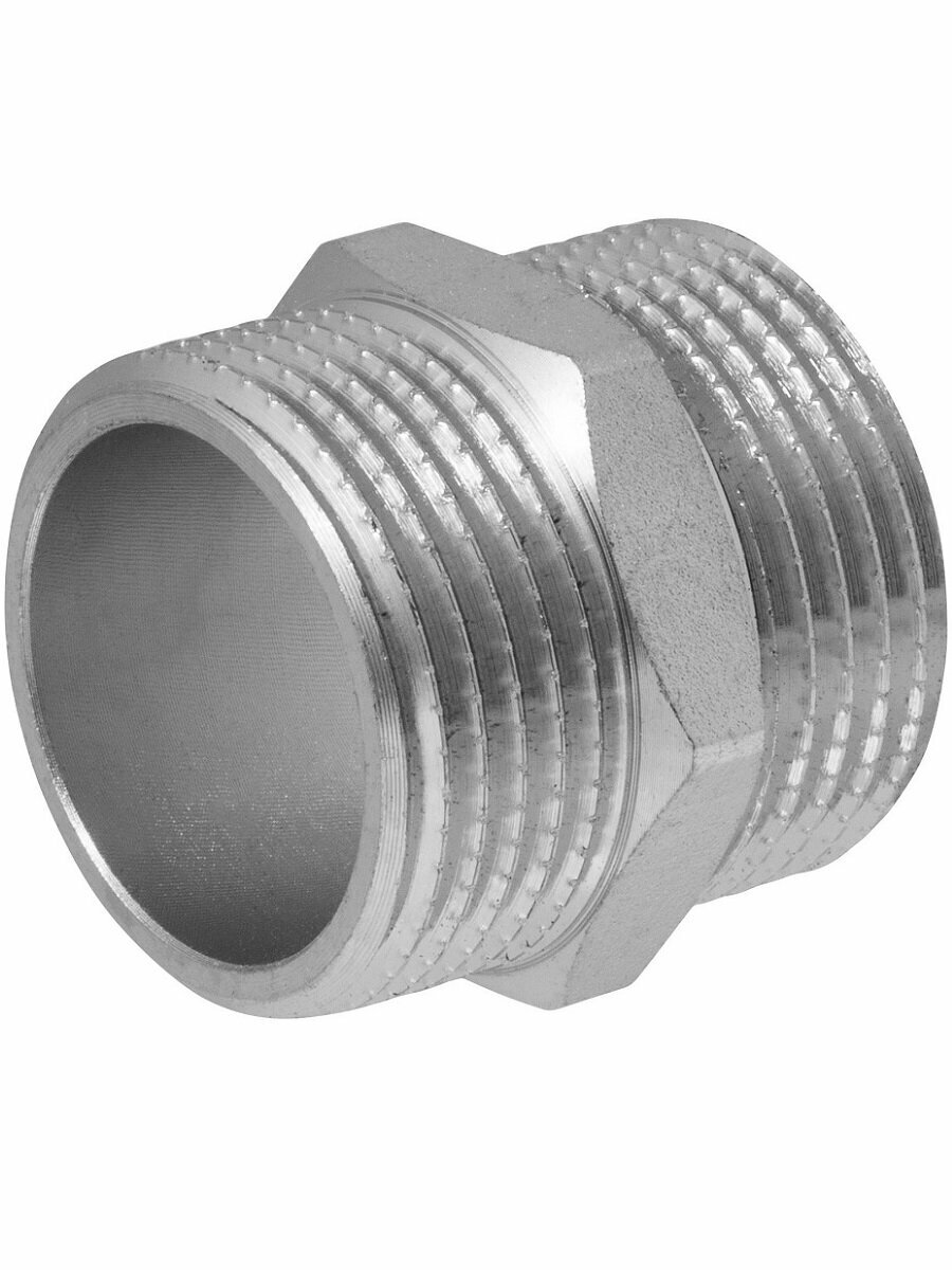 Ниппель (бочонок) латунный никелированный 1" н/н MPF, антикоррозийное покрытие — фото 1