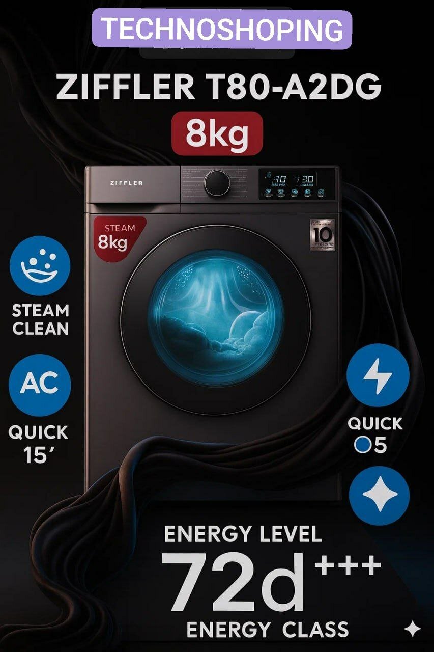 Стиральная машина Ziffler "T80-A2DG", с сушкой, загрузка 8 кг