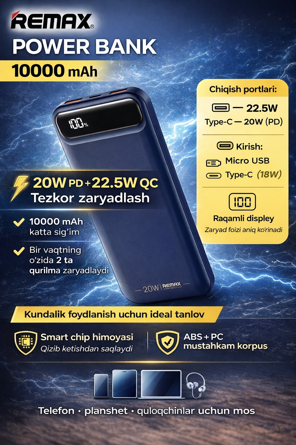 Портативный аккумулятор Remix Power Bank 10000mAh, чёрный, влагозащищённый, 2 USB выхода