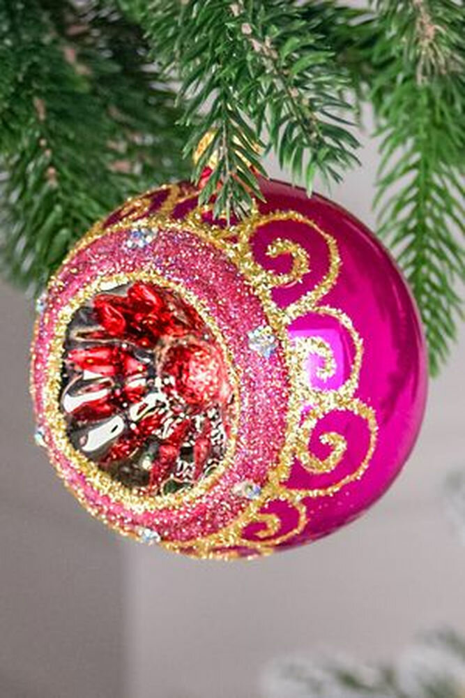 Ёлочный шар новогодний огонёк, вишневый, стекло, 75 мм, Елочка С2243-вишн