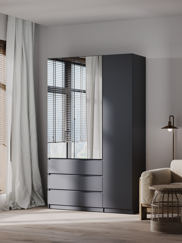 Изображение товара Шкаф для одежды Нонтон Грандис, 135x50x220 см, 3 ящика и 7 полок, с зеркалом, графит