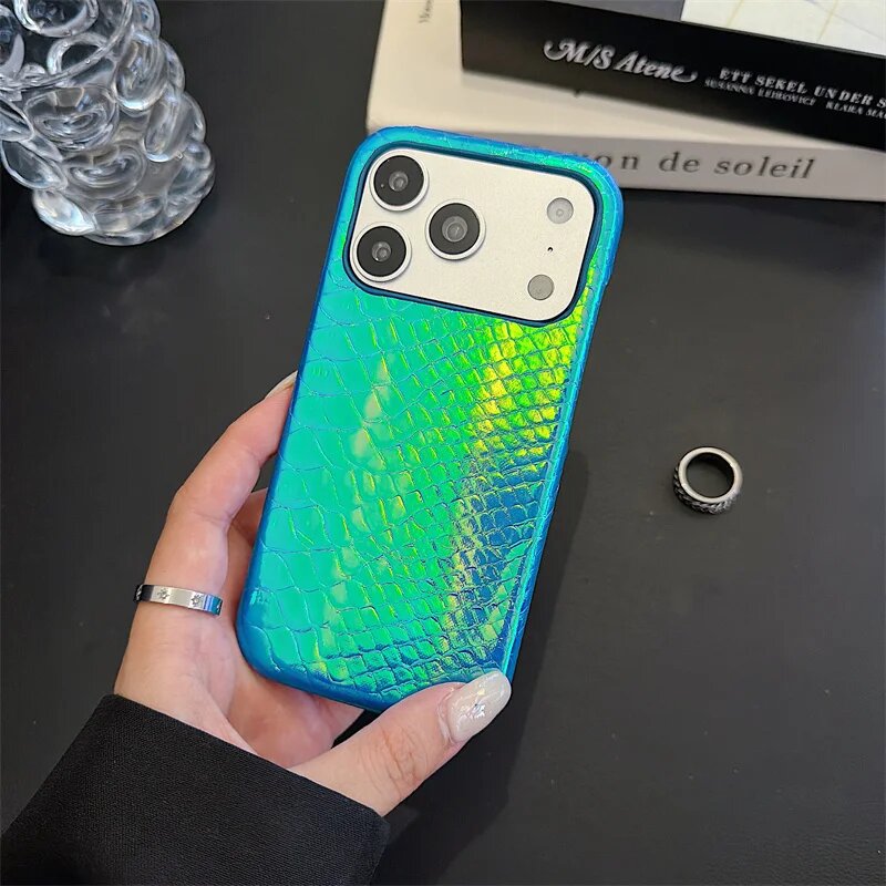 Яркий чехол с лазерным узором, имитирующим змеиную кожу, для iPhone 18, Айфон 16 Про, Зеленый, Green