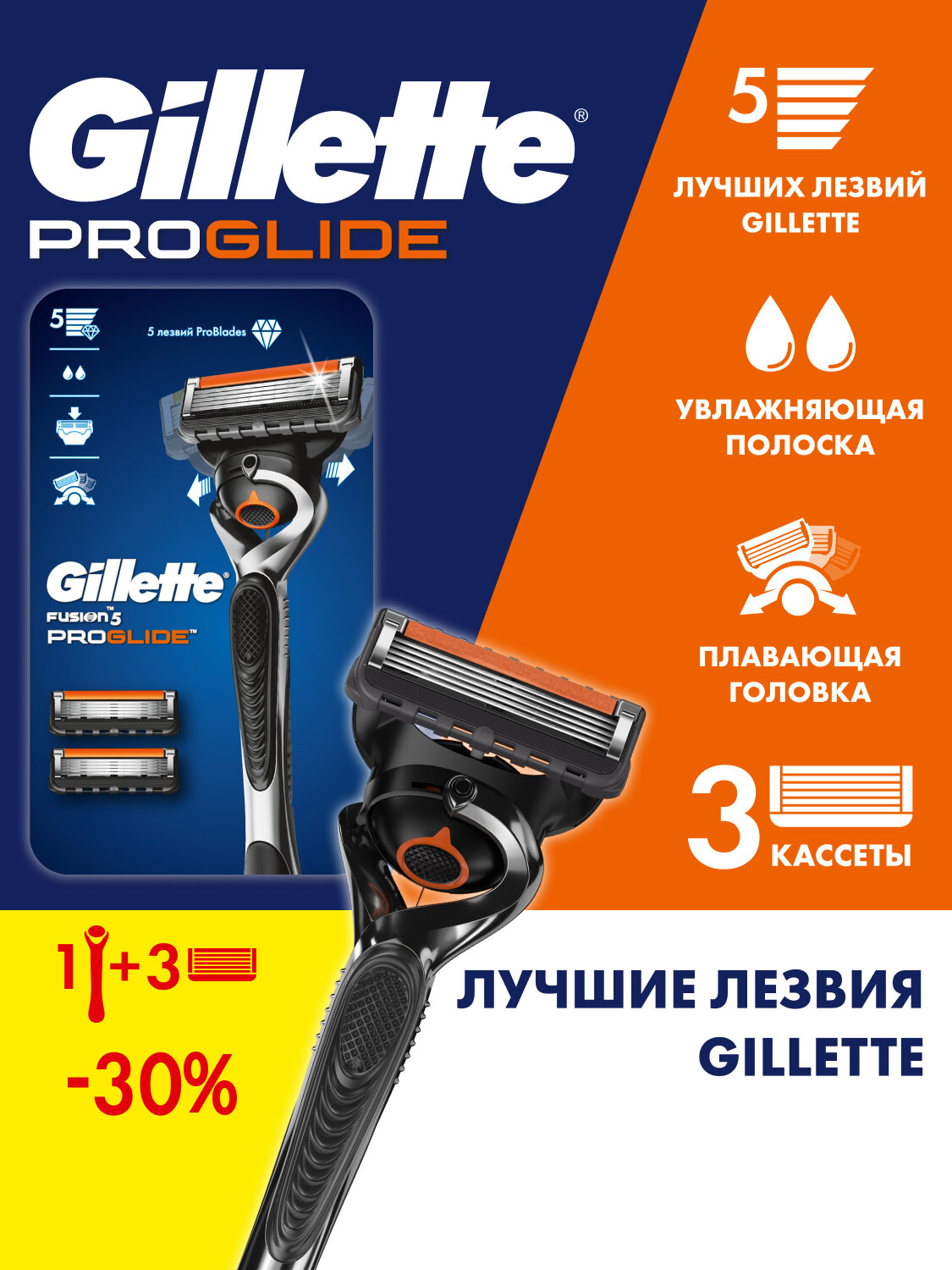 Gillette Fusion5 ProGlide Мужская Бритва , 3 кассеты, с 5 лезвиями, с углеродным покрытием, с технологией FlexBall, с триммером