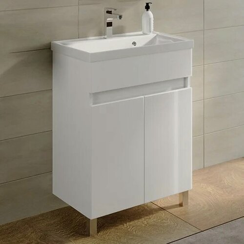 Изображение товара Тумба с раковиной SanStar Квадро 50 50 см, белая, глянцевая, из МДФ, с дверками, раковина для ванной фарфоровая, прямоугольная, встроенный слив-перелив