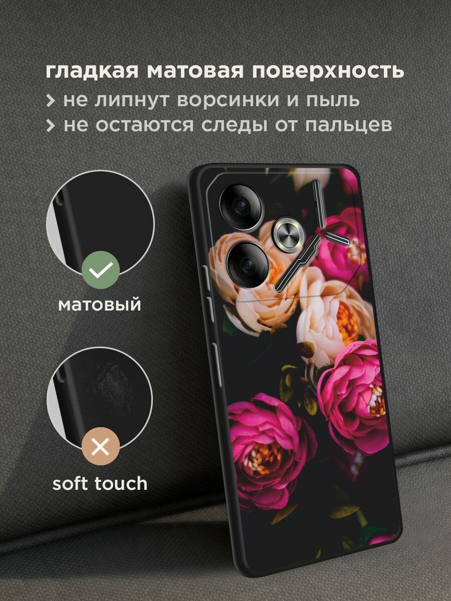 Черный матовый чехол на Tecno Pova 6 / Текно Пова 6 с принтом "Розовые пионы на черном" — фото 1