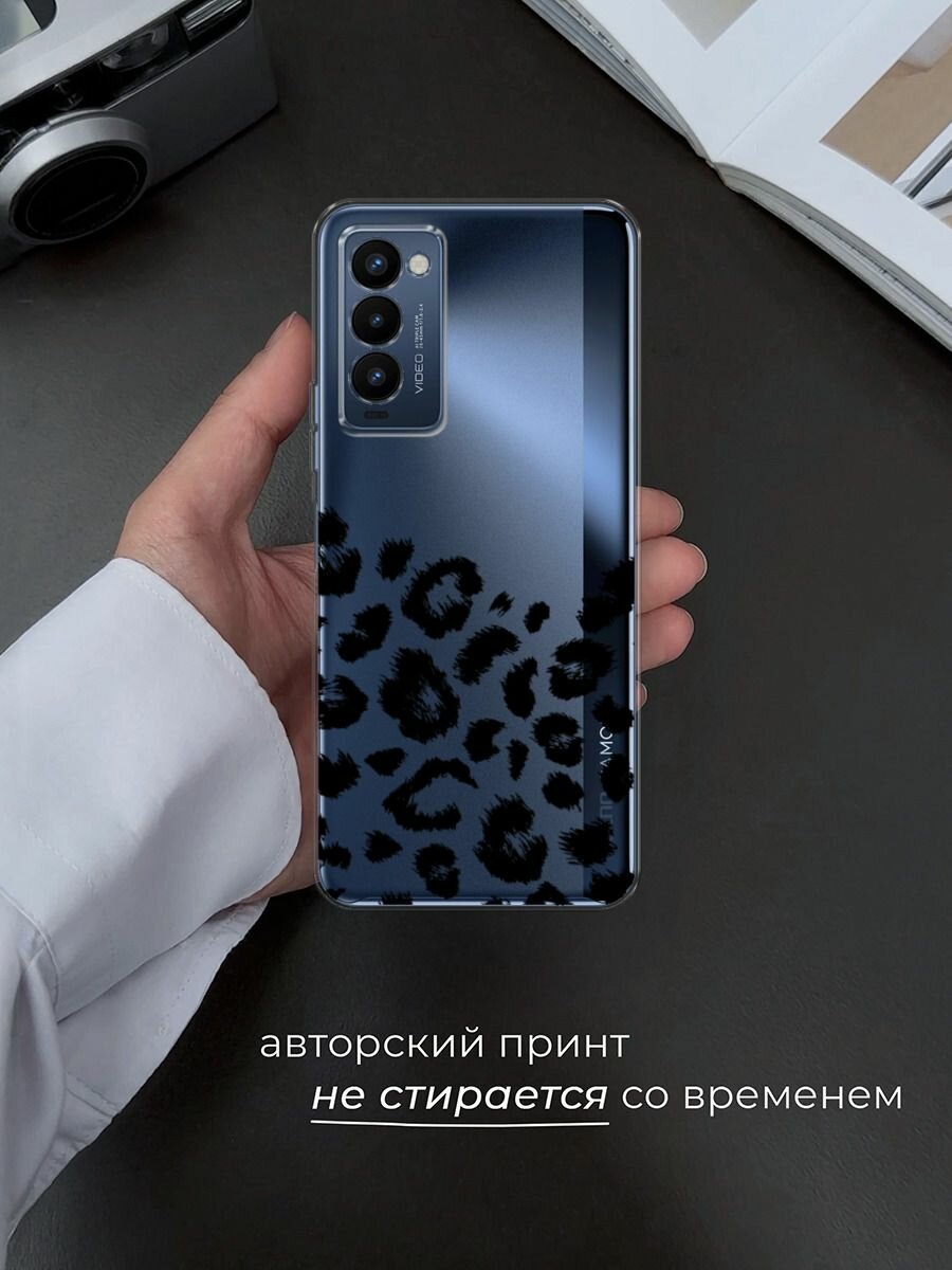 Чехол на Tecno Camon 18P / Техно Камон 18Р с принтом "Окрас леопарда фон черный", прозрачный — фото 1
