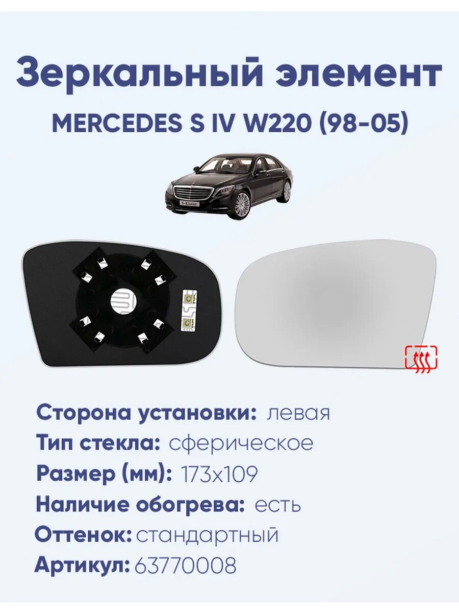 Зеркальный элемент левый MERCEDES S IV W220 (98-05) сфера нейтральный с обогревом