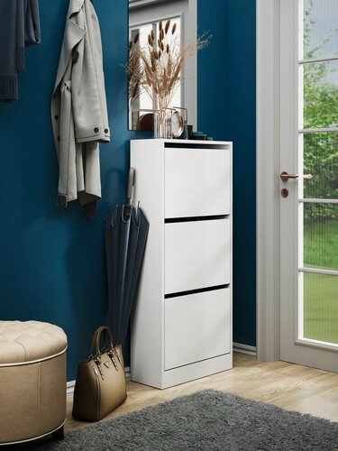 Изображение товара Обувница Лаура-3 белая в прихожую, тумба для обуви, закрытая деревянная, этажерка, полки, галошница высокая ЛДСП