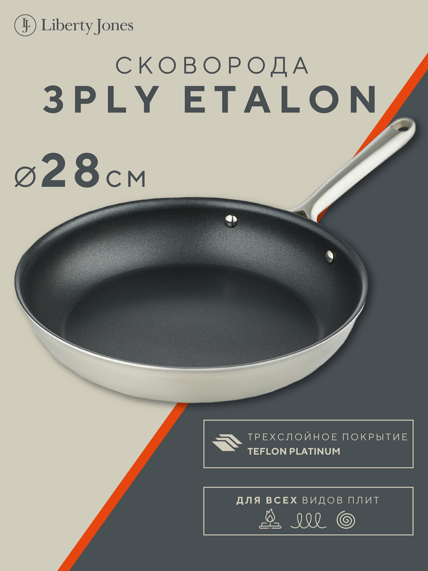 Сковорода 3Ply Etalon 28 см для индукционной газовой электрической плит с антипригарным покрытием Liberty Jones LJ0000224