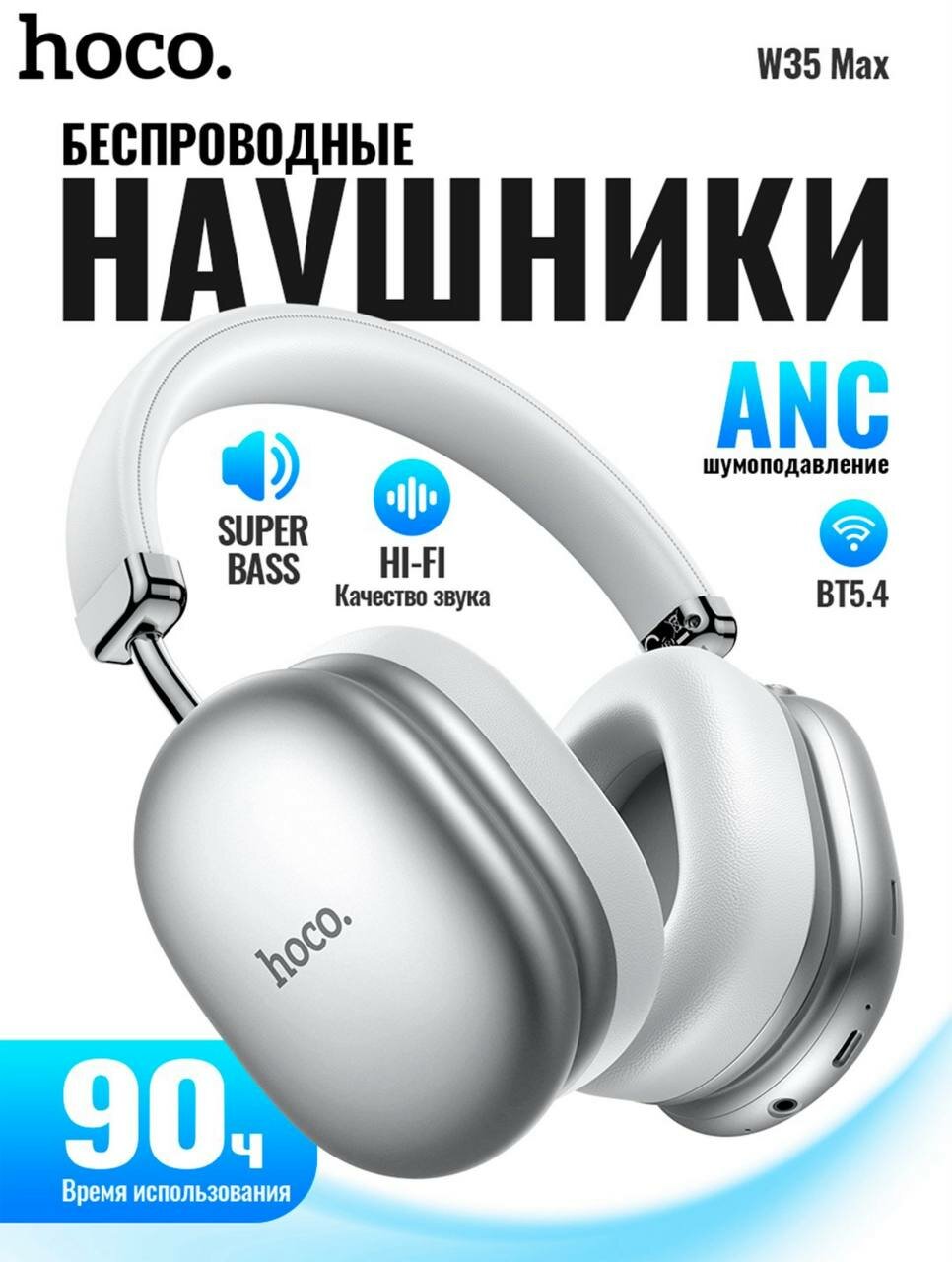 Беспроводные наушники Hoco W35 MAX ANC | Bluetooth 5.4, активное шумоподавление, до 90 часов работы, 800 мАч