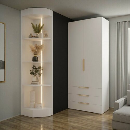 Изображение товара Распашной двухсекционный шкаф Мори - 4 (с 3 ящиками) Белый Снег 8685 BS NOW 80*45*260 см Дом мебели для вас