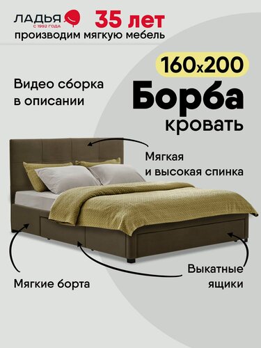 Изображение товара Двуспальная кровать Борба 160х200, с выдвижными ящиками, с мягким изголовьем, велюр темно-бежевый, коричневый