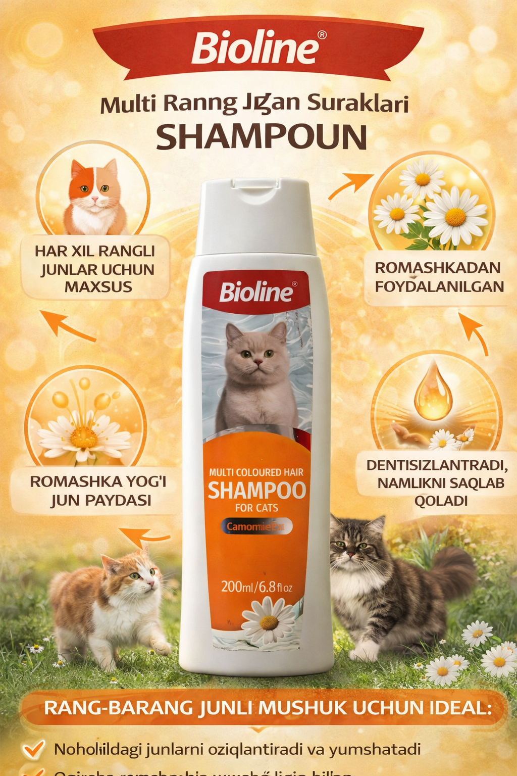 Шампунь для кошек c разноцветной окраской шерстии заботы о них, 200 мл