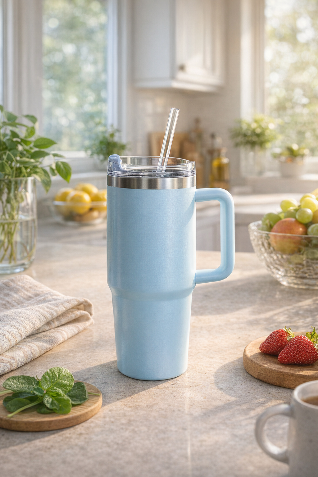 Термокружка с ручкой и трубочкой, 1200 мл — металлическая вакуумная кружка для горячих и холодных напитков