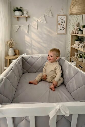 Изображение товара Бортики в кроватку для новорождённых, темно серый, 100% хлопок, 60х30 см - 2 шт, 120х30 см - 2 шт, MamiBro