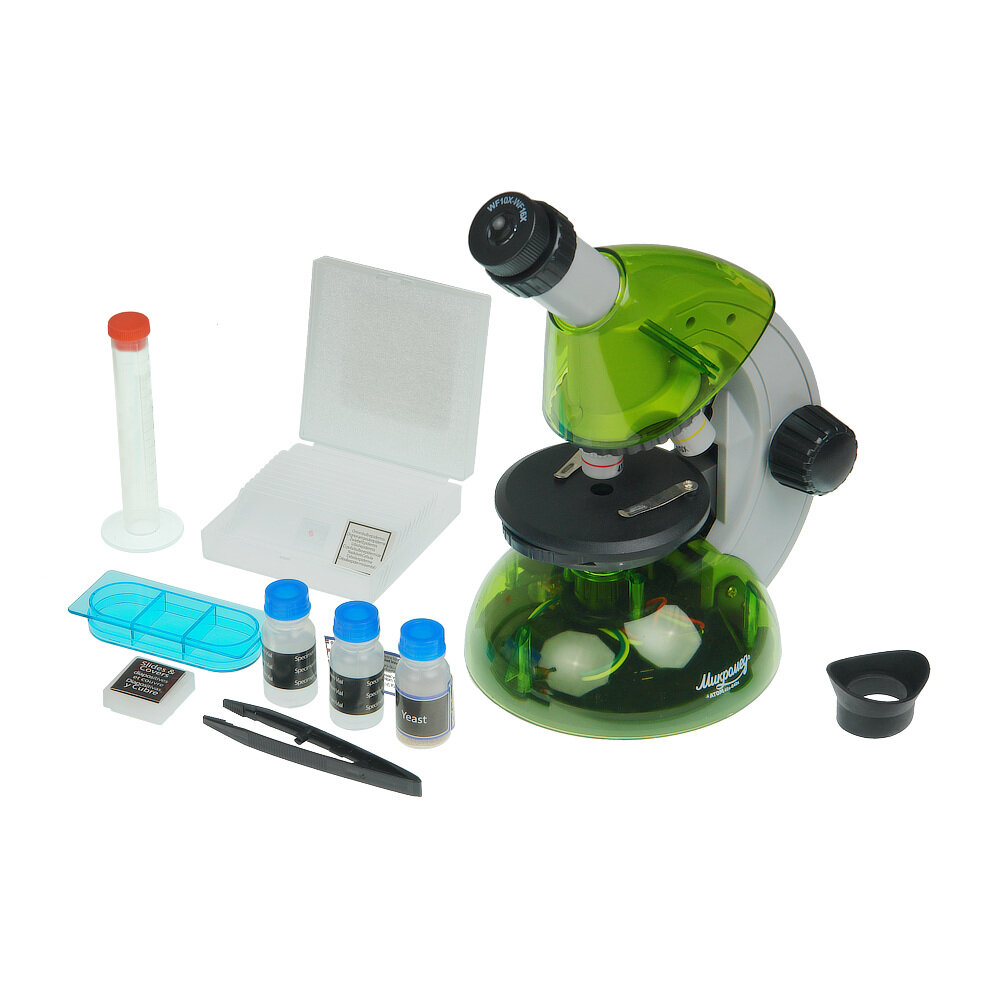 Микроскоп детский Микромед Атом 40x-640x (лайм) с набором для опытов