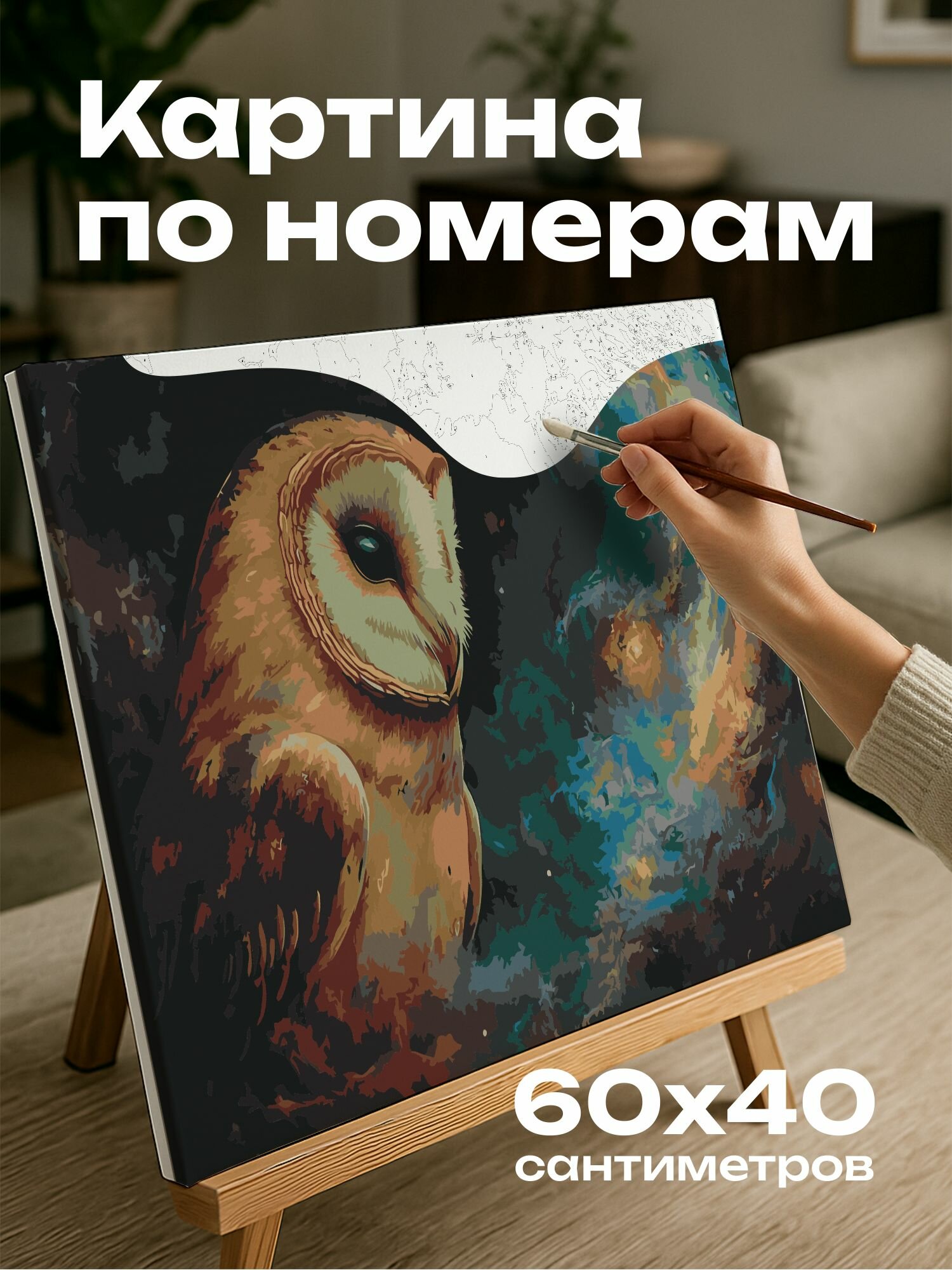 Картина по номерам 60x40 см, картина, масло, сова, пейзаж, туманности, небесные тела, мистика, потусторонняя красота