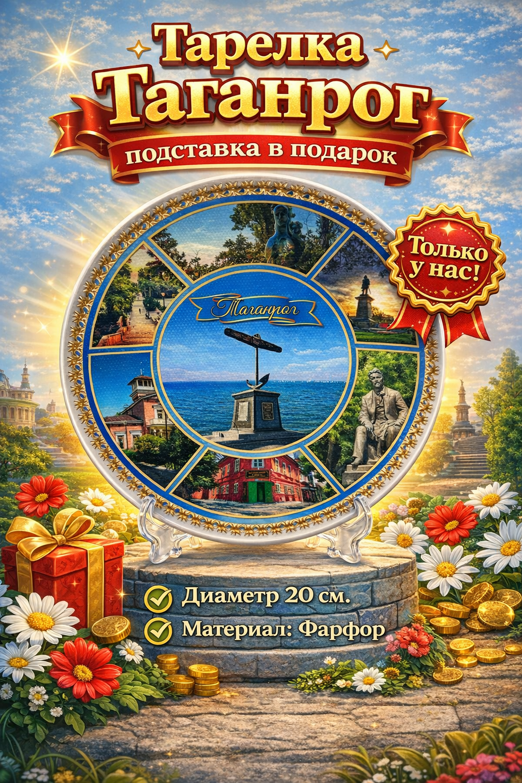 Тарелка сувенирная настольная - настенная Таганрог памятники