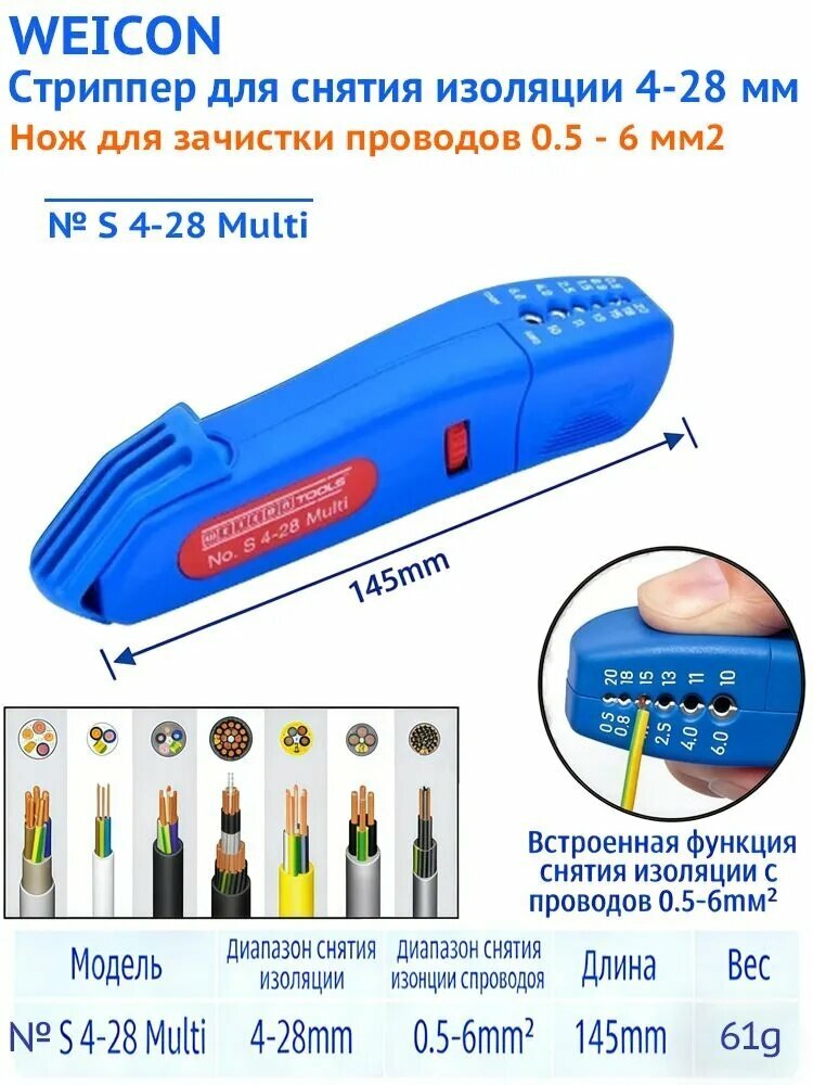 Стриппер для снятия изоляции 4-28 мм, нож для зачистки проводов 0.5 - 6 мм2 Weicon № S 4-28 Multi