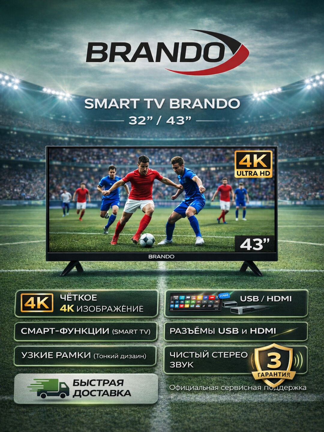 Smart TV BRANDO с Android 12, 32 диагональ Wi-Fi, MiraCast, 8 ГБ памяти