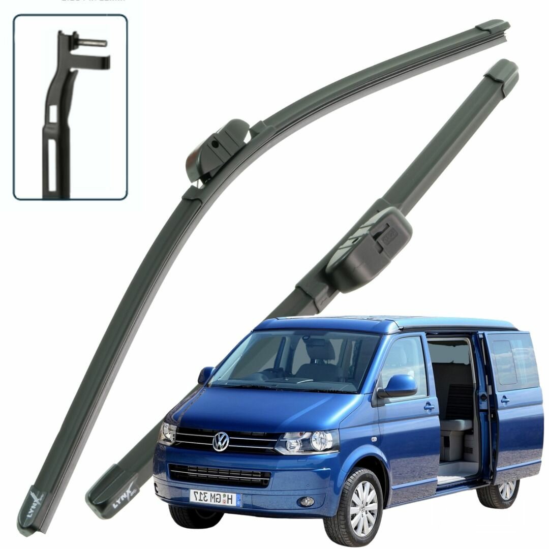 Дворники VW Volkswagen California (5) T5 / Фольксваген Калифорния Т5 рест. 2009 2010 2011 2012 2013 2014 2015 Щетки стеклоочистителя бескаркасные автомобильные LYNXauto 600мм-600мм к-т 2шт.