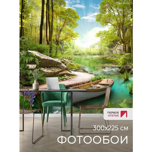 фото Фотообои на стену первое ателье "лодка на реке в лесу" 300х225 см (шхв), флизелиновые premium
