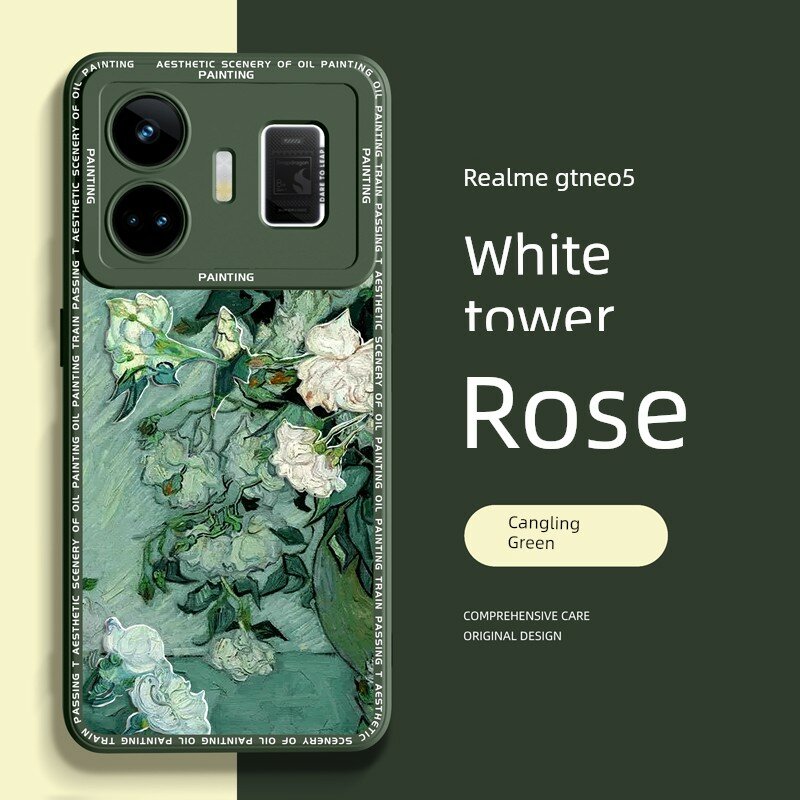 Чехол для Realme GT Neo5 из жидкой силикона с защитой от ударов и кот-глазом - Алпийский зеленый с арт-паттерном Белая