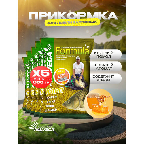 Прикормка для рыбалки ALLVEGA Formula карп мед 5 пачек по 0.9 кг