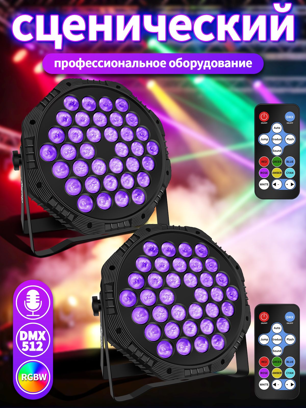 Geallmg LED сценический прожектор PAR 36x3W RGBW, поддержка DMX512, функция стробоскопа, пульт в комплекте, многоцветное освещение, для сцены, бара, дискотеки, вечеринок и световых шоу 2 шт