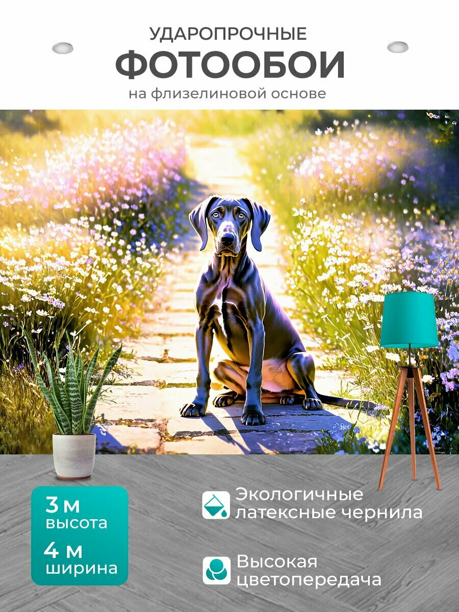 Фотообои моющиеся ударопрочные "В тёплом вечернем свете щенок веймаранера, сидящий на каменной дорожке, окружен цветущими полевыми цветами, создает" 400x300 см. флизелиновые на стену