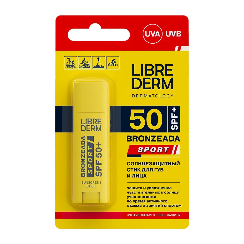 Librederm Bronzeada Sport Солнцезащитный стик для губ и лица SPF 50+ 4,8 г 8 г 1 шт