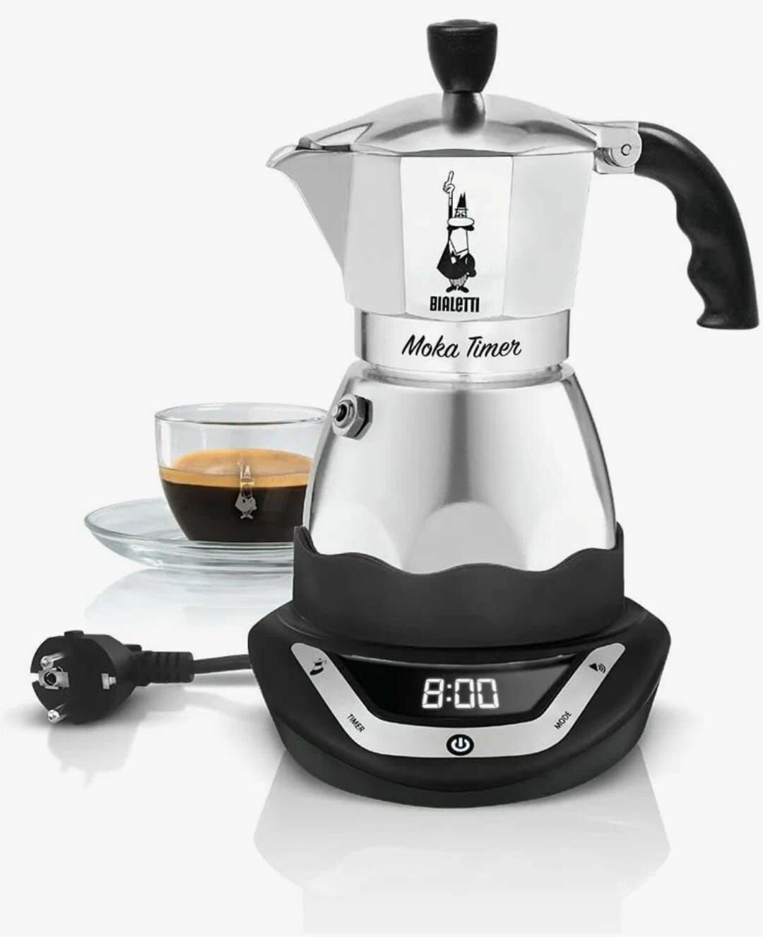 Кофеварка гейзерная электрическая Bialetti "Moka Timer" на 6 порций серый металлик черный