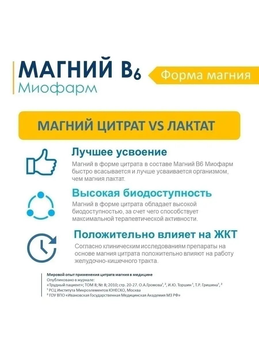 Магний цитрат с витаминами В6 Миофарм 180 т, 345 мг + В6 от стресса, для нормализации сна, успокоительное — фото 1
