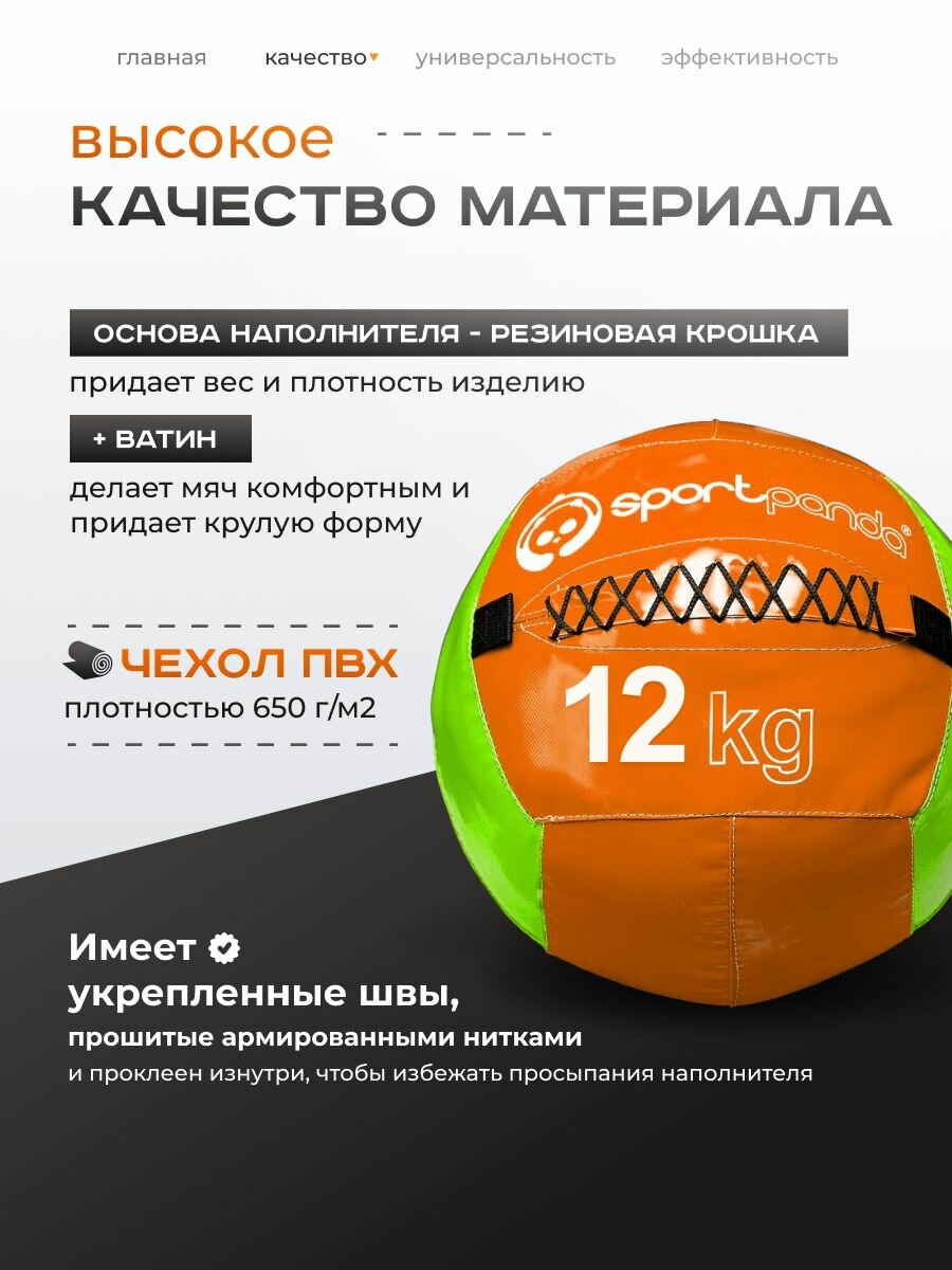 Медбол SportPanda, ПВХ, диаметр 38 см, 12 кг, армированные швы — фото 1