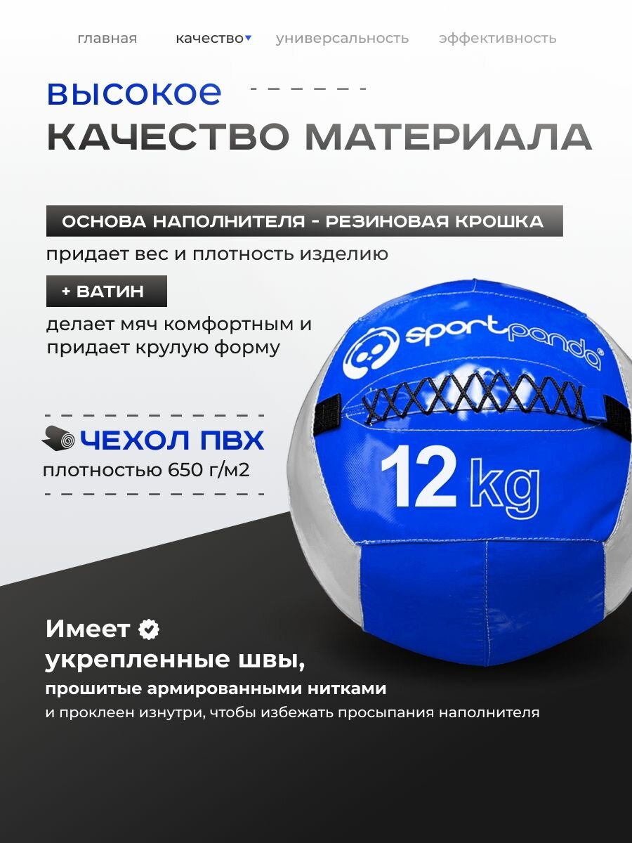 Медбол SportPanda, ПВХ, диаметр 38 см, 12 кг, армированные швы — фото 1
