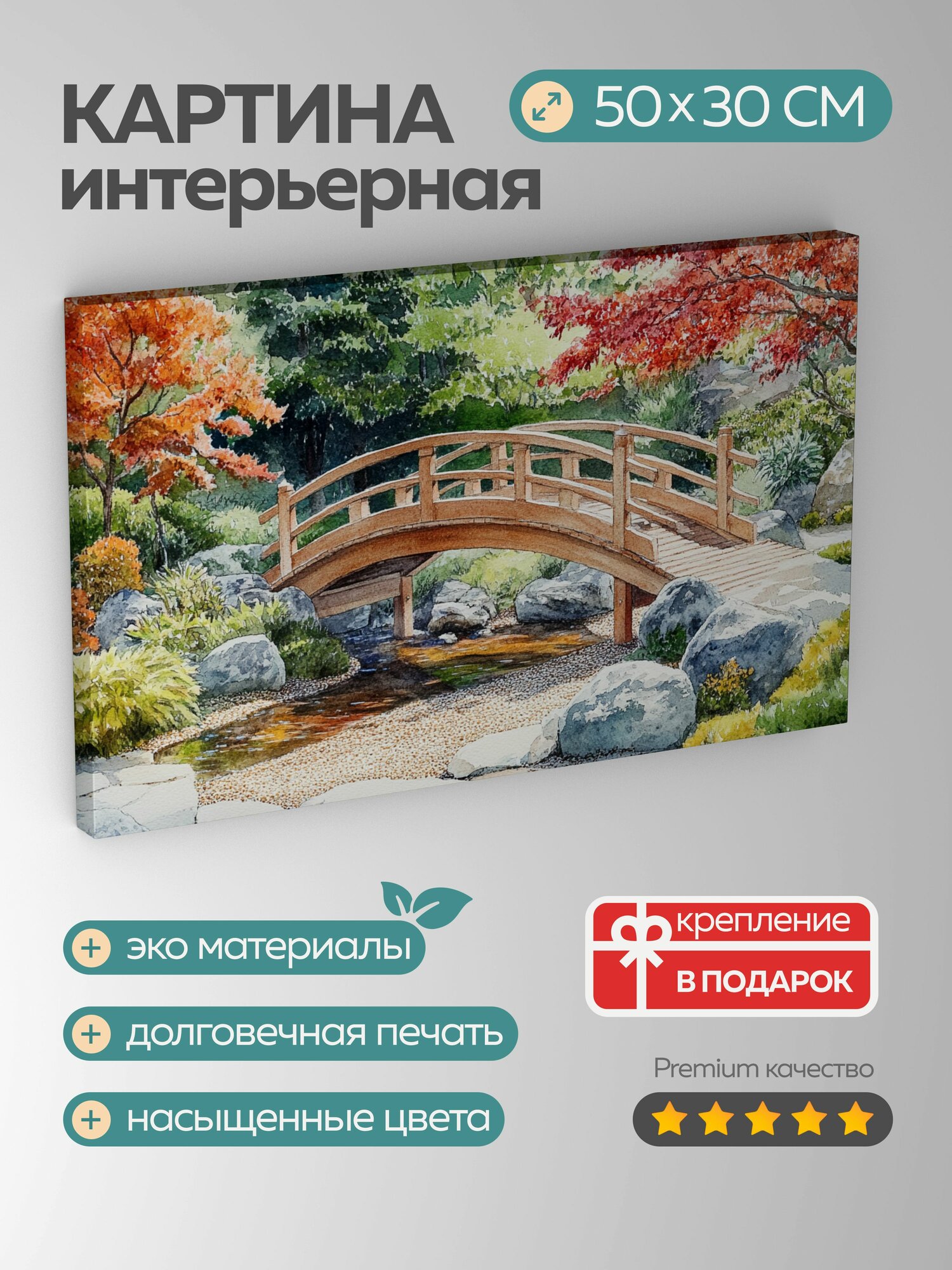 Картина на холсте интерьерная 50х30 см Японский сад камни деревянный мостик гравий зелень клены спокойствие