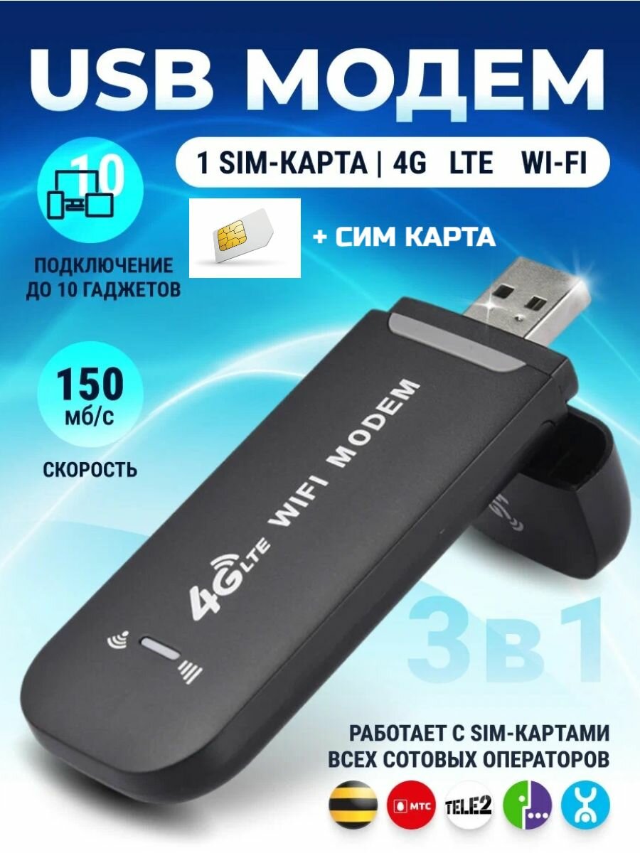 Модем Wi-Fi роутер 4g LTE с раздачей интернета на любые устройства работает со всеми операторами