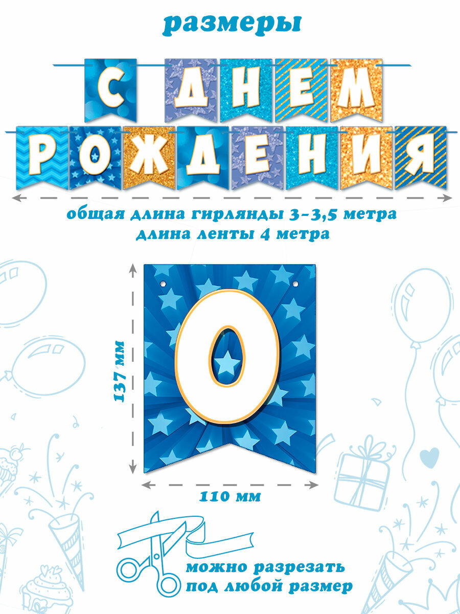 Гирлянда-растяжка Мир Открыток "С Днём Рождения" 3 метра, односторонняя на ленте — фото 1
