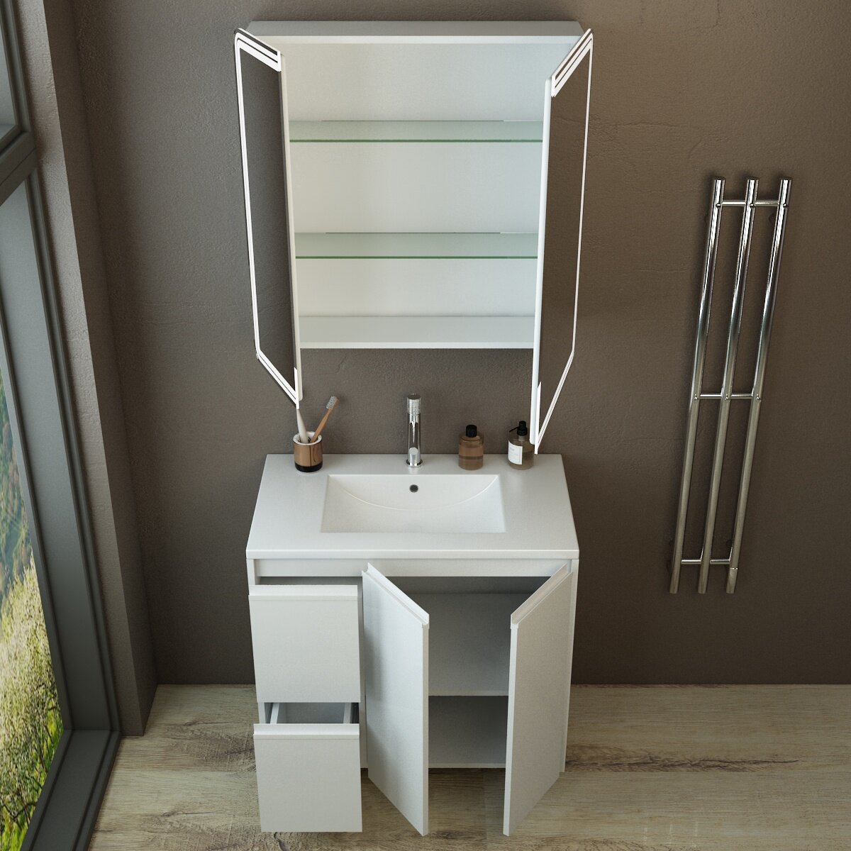 Тумба напольная EMMY Вега 80 с умывальником Вега 80  белая  с интегрированной металлической ручкой