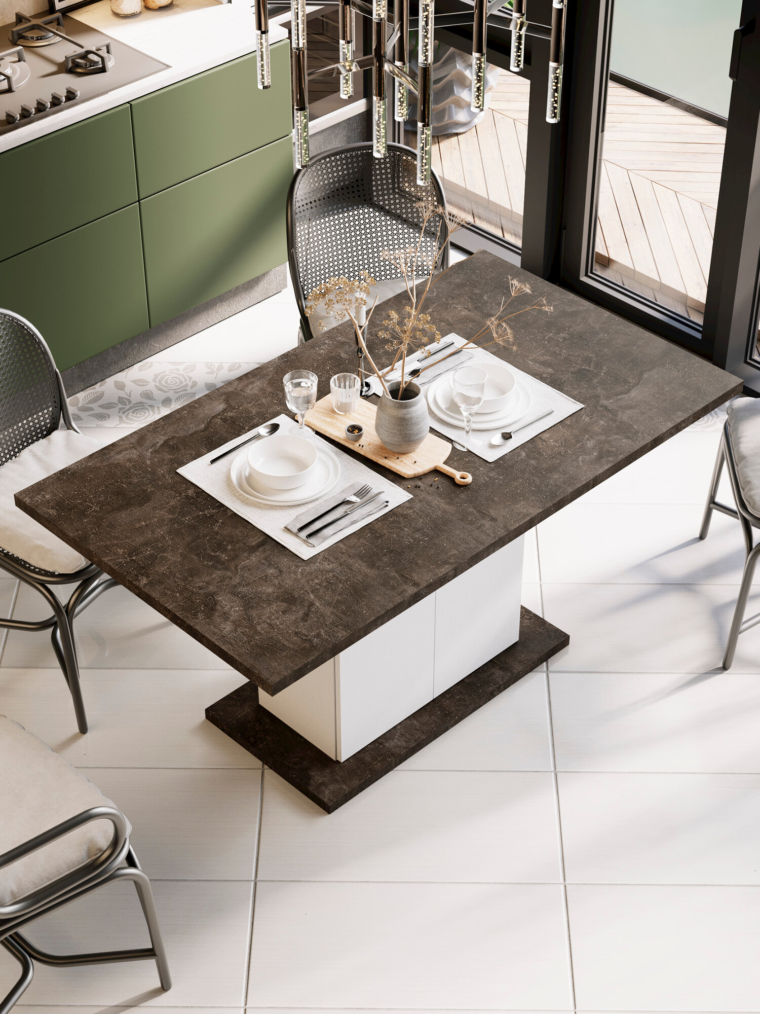 Стол кухонный раздвижной Детройт 150х85 см. Белый/Ателье темный