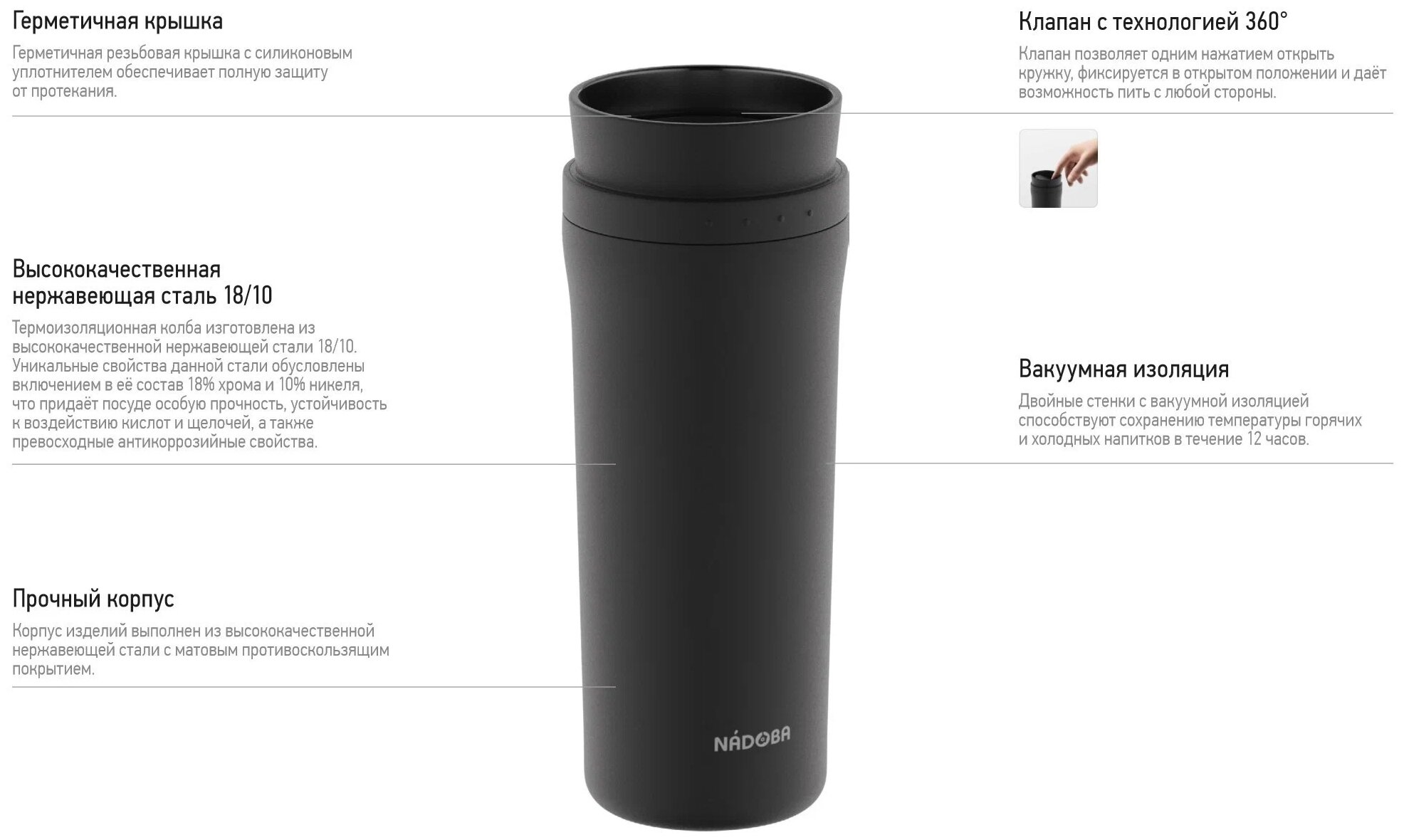 Термокружка черная, NADOBA, JUTA, 0,5 л, нержавеющая сталь, герметичная — фото 1