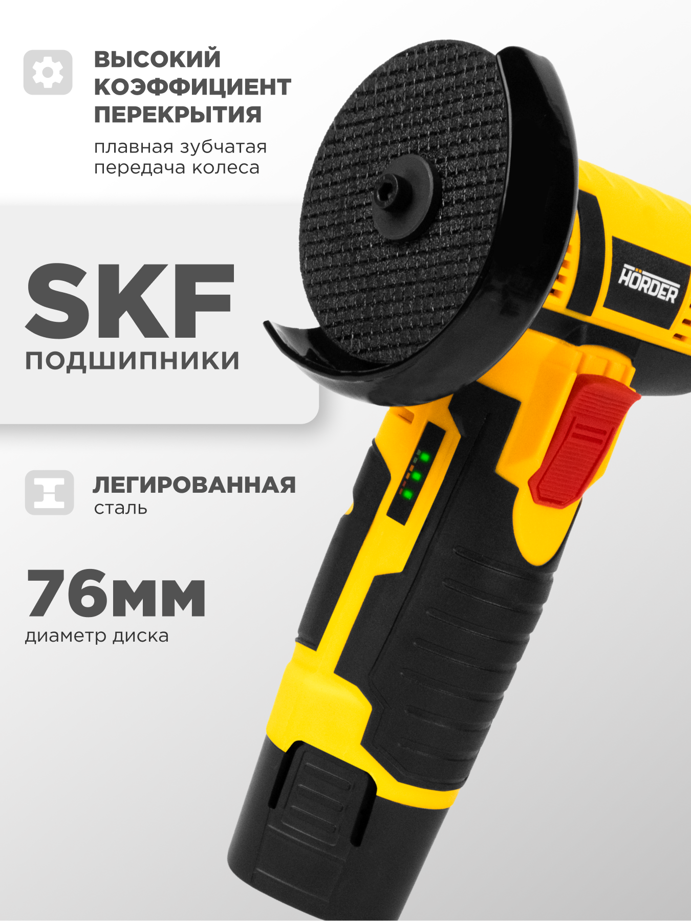 Мини УШМ HORDER HAG-14-76-Li2 ECO болгарка с двумя аккумуляторами, 24000 оборотов — фото 1