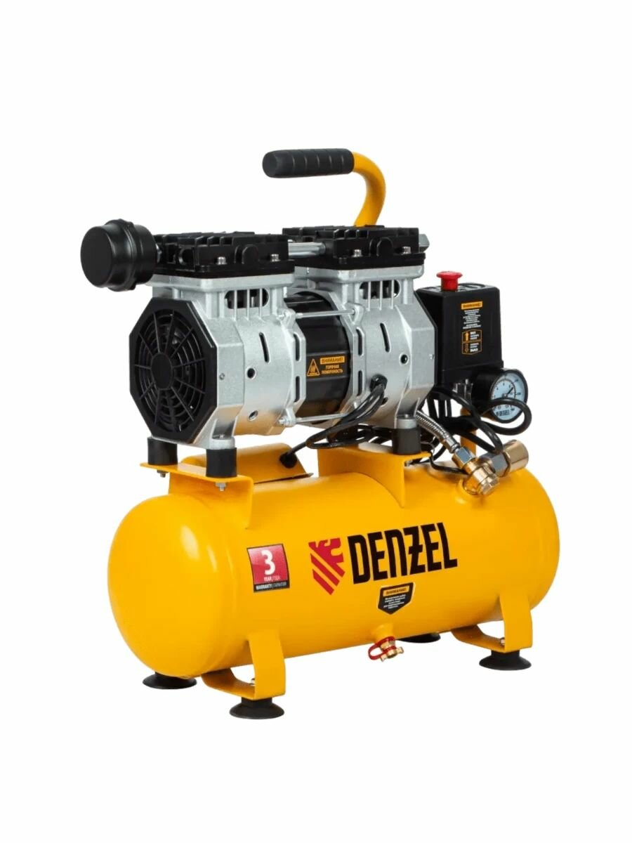 Компрессор Denzel DLS650/10, воздушный поршневой, 120 л/мин, 8 бар, 0.65 кВт, 10 л, желтый/
